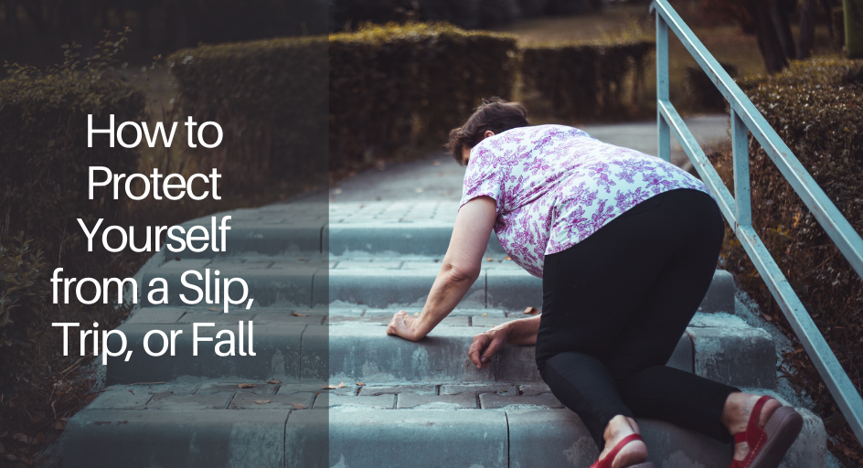 image of an elderly woman tripping and falling on icy stairs outdoors